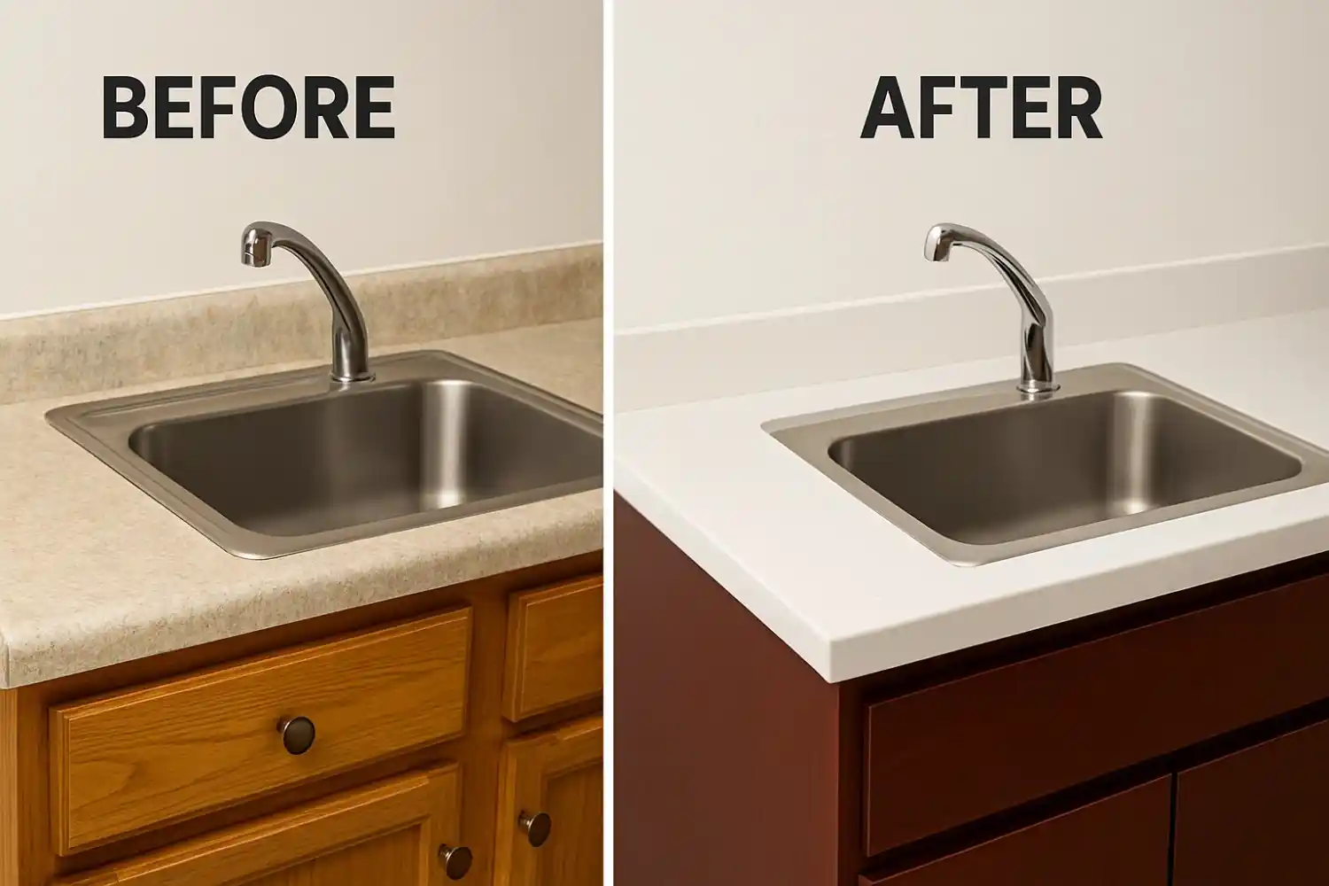 Before and after of painted countertops showing transformation from dated pattern to modern solid color
